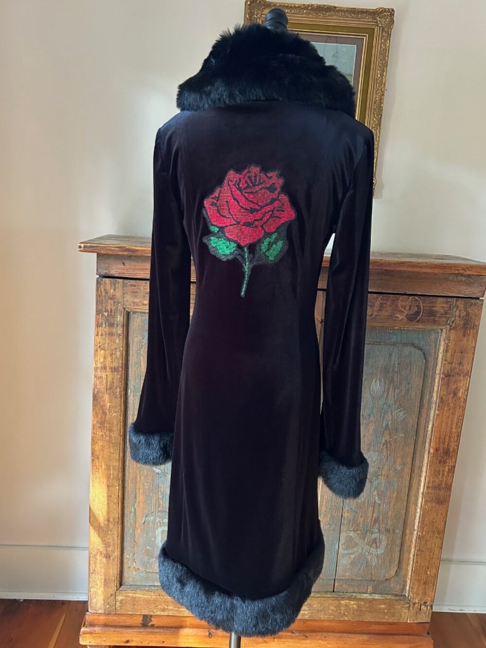 Vintage Betsey Johnson Rose Black Velvet Duster Coat